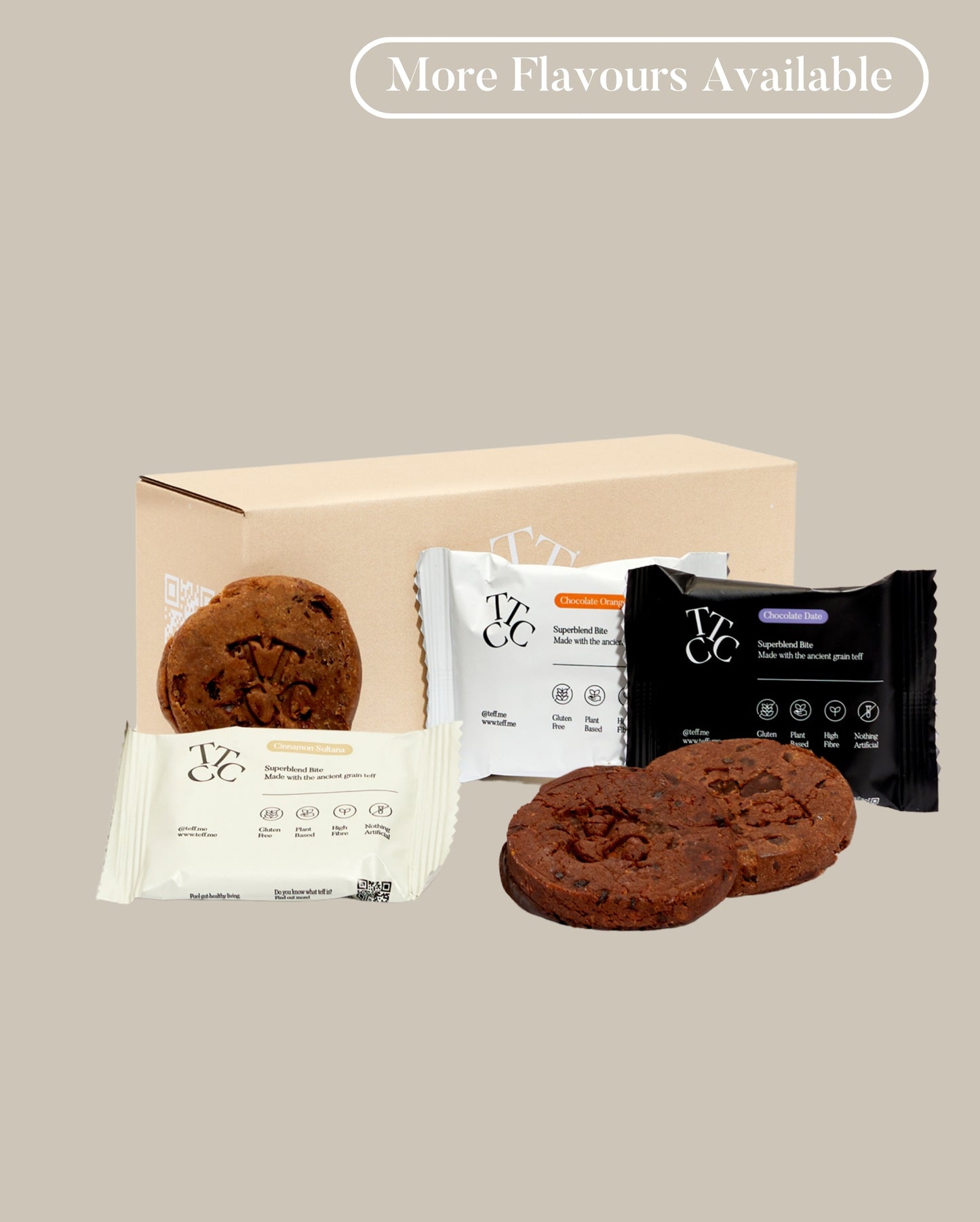 Teff superblend bite taster box with chocolate orange, chocolate date, and cinnamon sultana cookie flavours